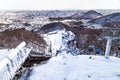 Sapporo, Japan, January 28, 2018: The Okurayama Jump Ski Observatory Deck offers spectacular view of Sapporo city and can be Royalty Free Stock Photo