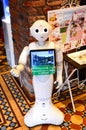 Sapporo, Japan - March 4, 2018 : `Pepper` robot assistant with information screen in duty to give information to the tourists