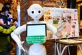 Sapporo, Japan - March 4, 2018 : `Pepper` robot assistant with information screen in duty to give information to the tourists