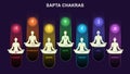 sapta chakra with meditation human pose Illustration, Les Sept Chakras, spiritual practices and meditation