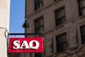 SAQ logo on their main shop for Montreal center. Also known as Societe des Alcools du Quebec, sekking spirits, alcool, wine & beer Royalty Free Stock Photo