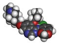Saracatinib drug molecule. Dual kinase inhibitor, inhibiting both Src and Bcr-Abl tyrosine kinases. 3D rendering. Atoms are Royalty Free Stock Photo