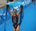 Sarah Groff is happy after winning the triathlon competition