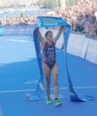 Sarah True is happy after winning the triathlon competition