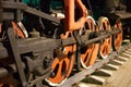 SARAI, RUSSIA-August 18, 2021: The running gear of a train of the fifties of the twentieth century that worked on coal