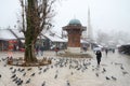 Sarajevo, Bascarsija, city centre at winter day. Old town quarter and Sebilj fountain. Tourist destination and famous landmark. Th