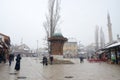 Sarajevo, Bascarsija, city centre at winter day. Old town quarter and Sebilj fountain. Tourist destination and famous landmark. Th Royalty Free Stock Photo