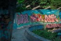 SARAJEVO, BOSNIA, 11.7..2022: Abandoned or deserted remains of former olympic bobsleigh track in Sarajevo, for the 1984 winter