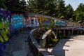 SARAJEVO, BOSNIA AND HERCEGOVINA - AUGUST 28, 2019: Abandoned Olympic Bobsleigh and Luge Track, built for the Olympic Winter Games