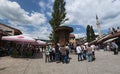 Sarajevo, Bosnia and Herzegovina, Bascarsija, Sebilj, fountain, old town, square, mosque, minaret, skyline, bazaar, market Royalty Free Stock Photo