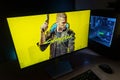 Cyberpunk 2077 action role-playing video game cover on computer display developed and published by CD Projekt
