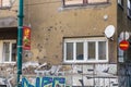 SARAJEVO, BOSNIA AND HERZEGOVINA - JUNE 12, 2019: Bullet holes in a house in Sarajevo, Bosnia and Herzegovi Royalty Free Stock Photo