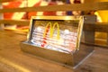 Sarajevo, Bosnia and Herzegovina, March 04, 2020: free packaged plastic drink straw at McDonald`s Cafe in a special glass