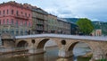 Sarajevo, Bosnia & Herzegovina - October 2017 : Walking on Latin Bridge over Milkacka river in Sarajevo