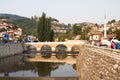 Sarajevo cityscape with the Miljacka river and a bridge