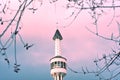 Sarajevo, Europe 09.02.2018,Image of white mosque minaret against sunset sky Royalty Free Stock Photo