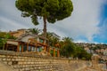 SARANDA, ALBANIA: Beautiful palm trees on the embankment in Saranda. Royalty Free Stock Photo