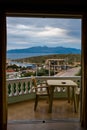 SARANDA, ALBANIA: View from the balcony of the Greek island of Corfu from the city of Sarada in Albania. Royalty Free Stock Photo
