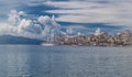 Saranda city port at ionian sea. Albania. Sarande. Beautuful view, white ship, yacht, sea, clouds in the sky Royalty Free Stock Photo
