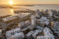 Sarasota, Florida at sunset. Luxury yachts docked in Sarasota Bay marina. American city downtown architecture with high Royalty Free Stock Photo