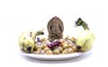 Saraswathi Pooja and Ayudha Pooja Celebrations - Cooked chickpeas, banana on black background. Royalty Free Stock Photo