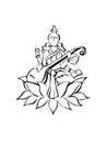 Saraswati, Hindu goddess of knowledge, sitting on lotus with veena, book, pot, beads. Modern outline symbol Royalty Free Stock Photo