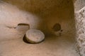 Saratli, Turkey - August 27, 2020: The interior of an ancient underground city on the territory of Cappadocia. Stone hatch,