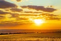 Saratov region, travel, landscape and nature of Russia. Yellow golden orange dramatic beautiful sunrise at dawn or dusk over Royalty Free Stock Photo