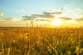 Saratov region, travel, landscape and nature of Russia. Yellow golden orange dramatic dawn at dawn over endless fields, hills,