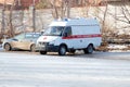 Saratov, Russia - 02.29.2020: Russian ambulance car stands on the street on ice in winter