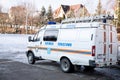 Saratov, Russia - 02.29.2020: Russian Ministry of Emergency Situations rescue vehicle stands on the street on ice in winter