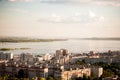 Saratov, Russia, view of the houses, the Volga River, the bridge to Engels. The landscape from a height.