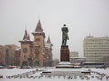 Saratov State Conservatoire. Was opened in 1912. Russia. Monument To Nikolay Gavrilovich Chernyshevsky. Winter day. Snowfall