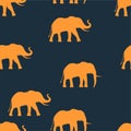 Sarcastic seamless pattern multiple elephant trunk up and walking yellow animals on dark blue, animal elephant pattern. Esthetic