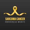 Sarcoma, Bone Cancer Banner, Card, Placard with Vector 3d Realistic Yellow Ribbon on Black Background. Sarcoma Cancer