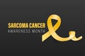 Sarcoma, Bone Cancer Banner, Card, Placard with Vector 3d Realistic Yellow Ribbon on Black Background. Sarcoma Cancer