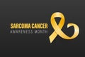 Sarcoma, Bone Cancer Banner, Card, Placard with Vector 3d Realistic Yellow Ribbon on Black Background. Sarcoma Cancer