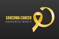 Sarcoma, Bone Cancer Banner, Card, Placard with Vector 3d Realistic Yellow Ribbon on Black Background. Sarcoma Cancer