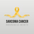 Sarcoma, Bone Cancer Banner, Card, Placard with Vector 3d Realistic Yellow Ribbon on Grey Background. Sarcoma Cancer