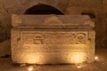 Sarcophagus with Ark of the Covenant carved relief in the Cave of the coffins at Bet She`arim in Israel catacombs wi