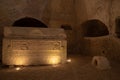 Sarcophagus with Ark of the Covenant carved relief in the Cave of the coffins at Bet She`arim in Israel catacombs wi
