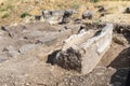 Sarcophagus wreckage in ruins of the Greek - Roman city of the 3rd century BC - the 8th century AD Hippus - Susita on the Golan