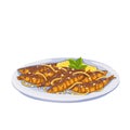 Sarde in saor, Italian food, isolated glass plate with dish, fried marinated sardines