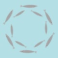 Sardine gray fish set. Iwashi. Sardina pilchardus school. Cute cartoon character. Anchovy pilchard. Round circle frame. Water anim