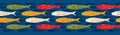 Sardine shoal of fish seamless vector border pattern of grilled fishes.