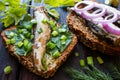 Sardines on bread on parsley leaves sprinkled
