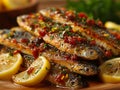 Sardines with lemon and tomatoes on a wooden plate Royalty Free Stock Photo