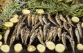 Sardines, Mackerel fishes with potatoes on grill plate