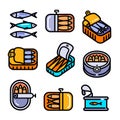 Sardines tin can flat icons set