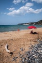 Sardinia. Arbus. Costa Verde, Green Coast, touristic district. View of the Beach of Gutturu de Flumini with red umbrella